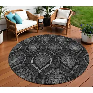 Photo of 8' Gray Charcoal And Silver Round Medallion Washable Indoor Outdoor Area Rug