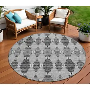 Photo of 8' Gray Charcoal And Silver Round Moroccan Washable Indoor Outdoor Area Rug