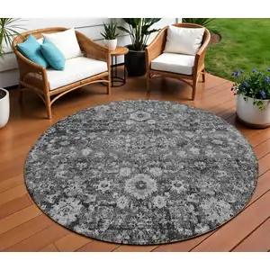 Photo of 8' Gray Charcoal And Silver Round Oriental Washable Indoor Outdoor Area Rug