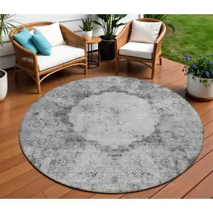 Photo of 8' Gray Charcoal And Silver Round Oriental Washable Indoor Outdoor Area Rug