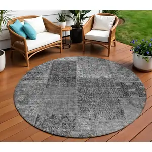 Photo of 8' Gray Charcoal And Silver Round Patchwork Washable Indoor Outdoor Area Rug