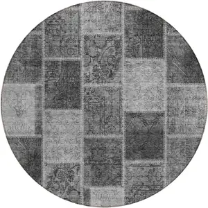 Photo of 8' Gray Charcoal And Silver Round Patchwork Washable Indoor Outdoor Area Rug