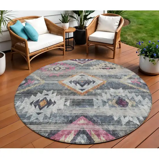 8' Gray Charcoal And Silver Round Southwestern Washable Indoor Outdoor Area Rug Photo 1