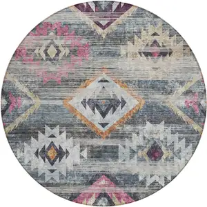 Photo of 8' Gray Charcoal And Silver Round Southwestern Washable Indoor Outdoor Area Rug