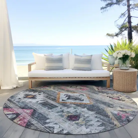 8' Gray Charcoal And Silver Round Southwestern Washable Indoor Outdoor Area Rug Photo 7