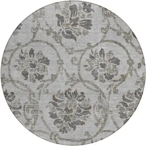 Photo of 8' Gray Charcoal And Taupe Round Floral Washable Indoor Outdoor Area Rug