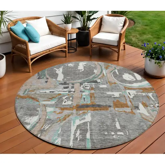 8' Gray Copper And Mint Green Round Geometric Washable Indoor Outdoor Area Rug Photo 1