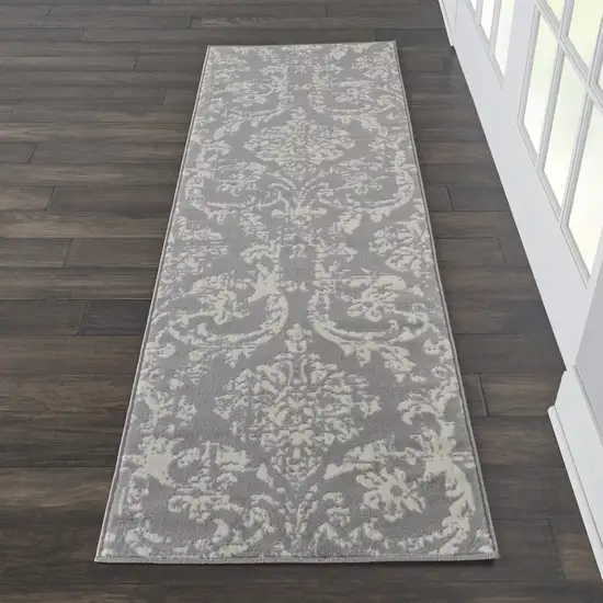 7' Gray Damask Power Loom Runner Rug Photo 5