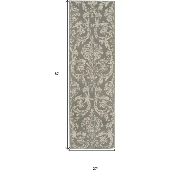 7' Gray Damask Power Loom Runner Rug Photo 6