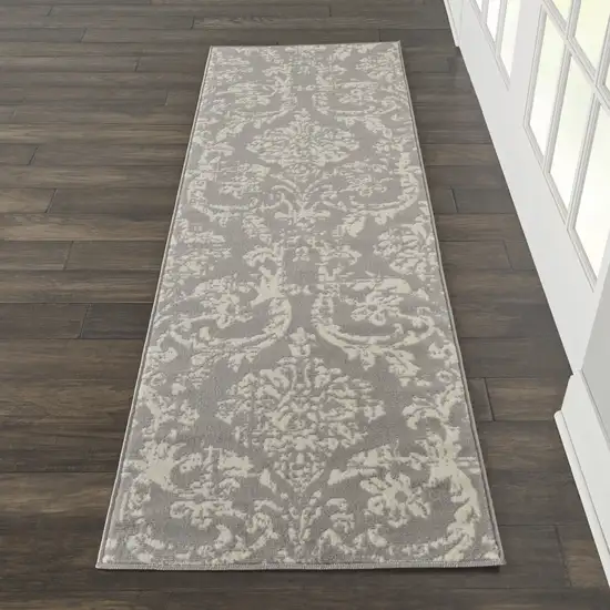 7' Gray Damask Power Loom Runner Rug Photo 6