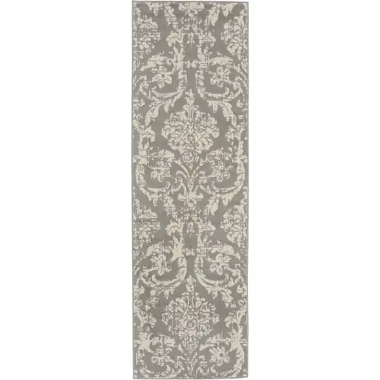 7' Gray Damask Power Loom Runner Rug Photo 2