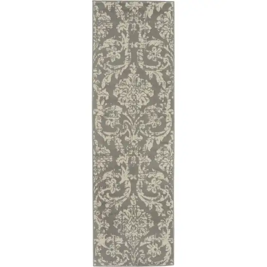 7' Gray Damask Power Loom Runner Rug Photo 2