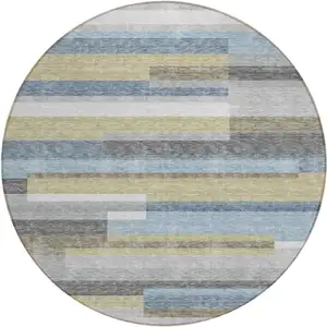 Photo of 8' Gray Denim Blue And Sky Blue Round Striped Washable Indoor Outdoor Area Rug