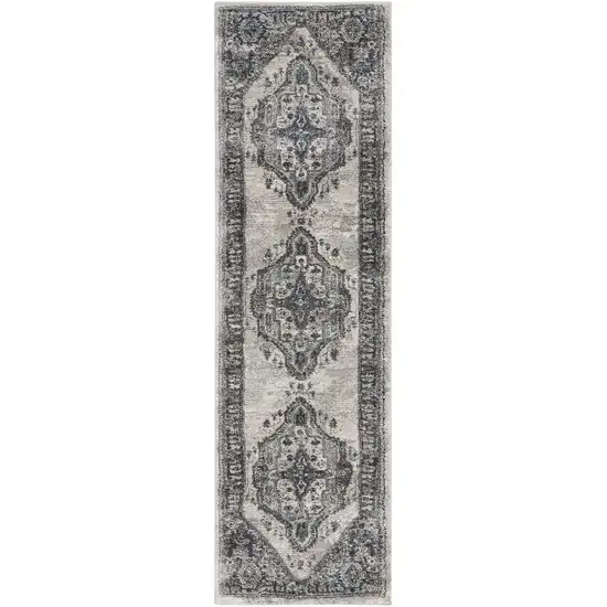 8' Gray Floral Power Loom Distressed Runner Rug Photo 4