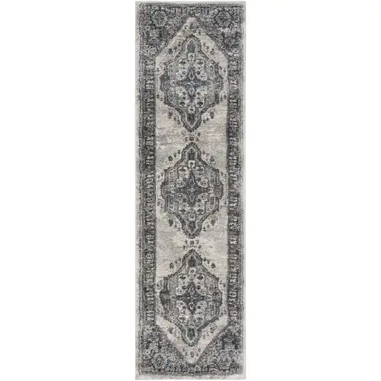 8' Gray Floral Power Loom Distressed Runner Rug Photo 2