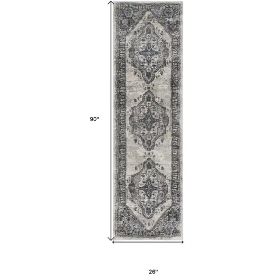 8' Gray Floral Power Loom Distressed Runner Rug Photo 3