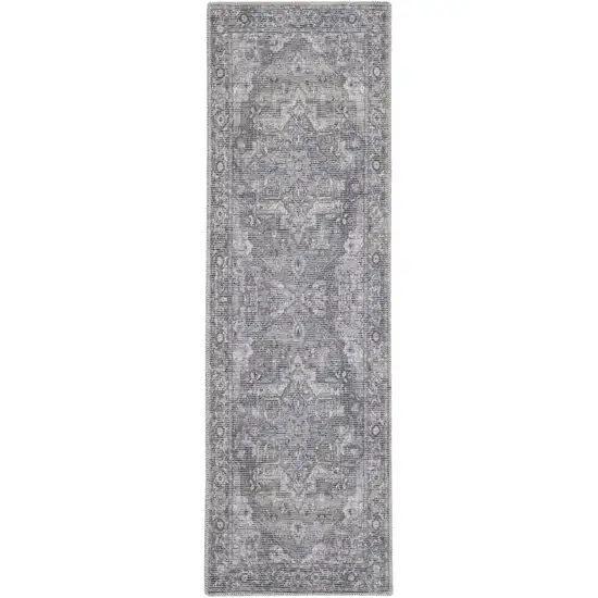 8' Gray Floral Power Loom Distressed Washable Runner Rug Photo 1