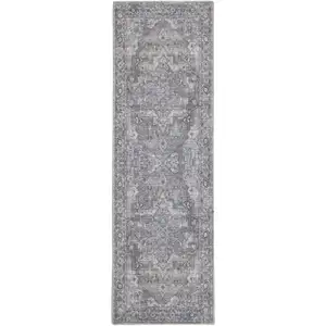 Photo of 8' Gray Floral Power Loom Distressed Washable Runner Rug