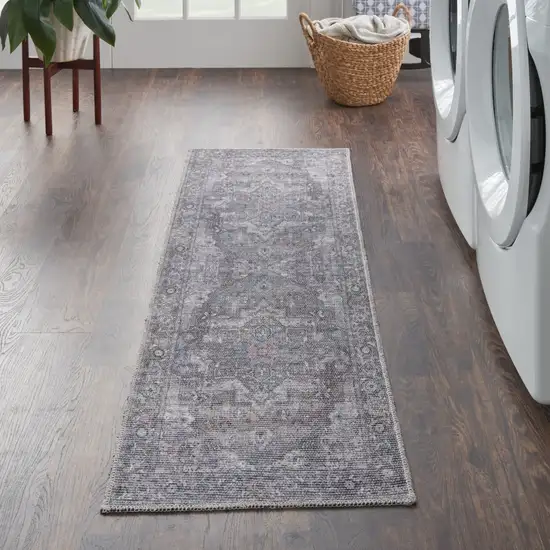 8' Gray Floral Power Loom Distressed Washable Runner Rug Photo 7