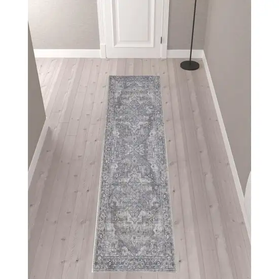 10' Gray Floral Power Loom Distressed Washable Runner Rug Photo 2