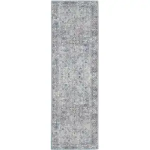 Photo of 8' Gray Floral Power Loom Distressed Washable Runner Rug