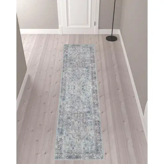 10' Gray Floral Power Loom Distressed Washable Runner Rug Photo 2