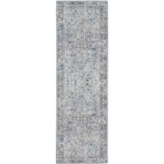 10' Gray Floral Power Loom Distressed Washable Runner Rug Photo 1