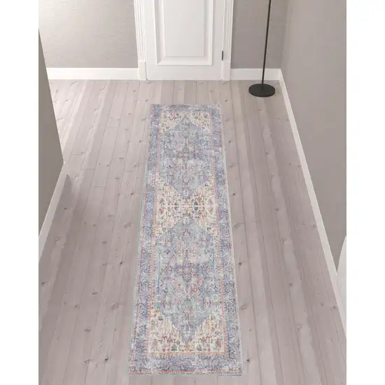 10' Gray Floral Power Loom Distressed Washable Runner Rug Photo 2