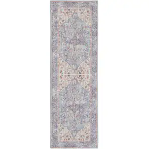 Photo of 10' Gray Floral Power Loom Distressed Washable Runner Rug