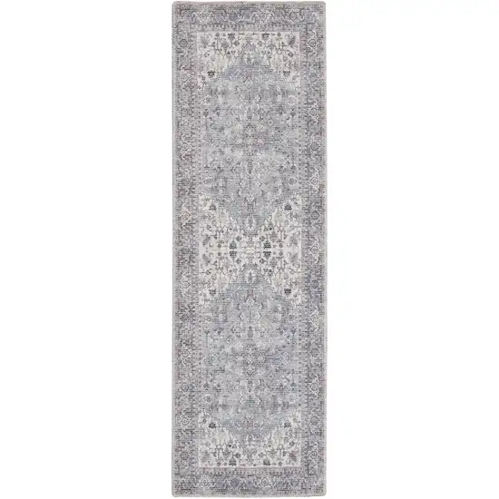 8' Gray Floral Power Loom Distressed Washable Runner Rug Photo 1