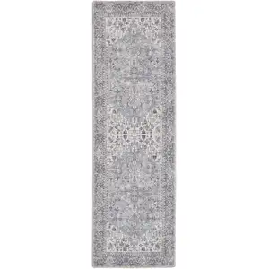 Photo of 8' Gray Floral Power Loom Distressed Washable Runner Rug