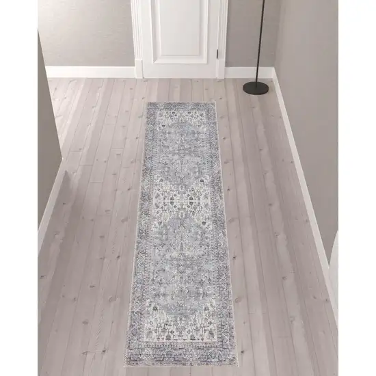 10' Gray Floral Power Loom Distressed Washable Runner Rug Photo 2