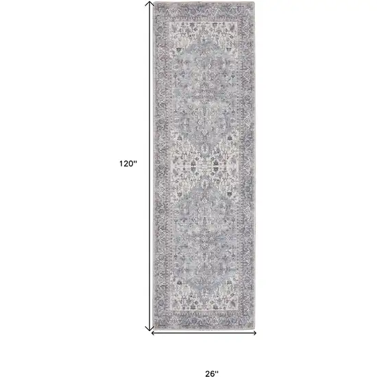 10' Gray Floral Power Loom Distressed Washable Runner Rug Photo 6