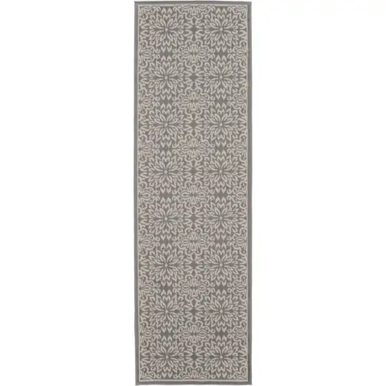 7' Gray Floral Power Loom Runner Rug Photo 3