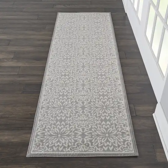 7' Gray Floral Power Loom Runner Rug Photo 5