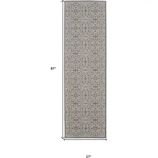 7' Gray Floral Power Loom Runner Rug Photo 6