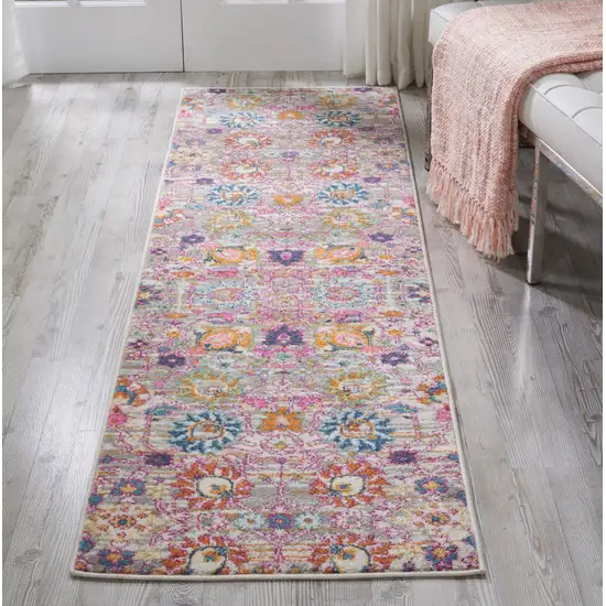 10' Gray Floral Power Loom Runner Rug Photo 6