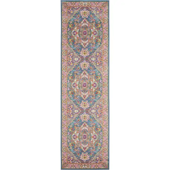 10' Gray Floral Power Loom Runner Rug Photo 2