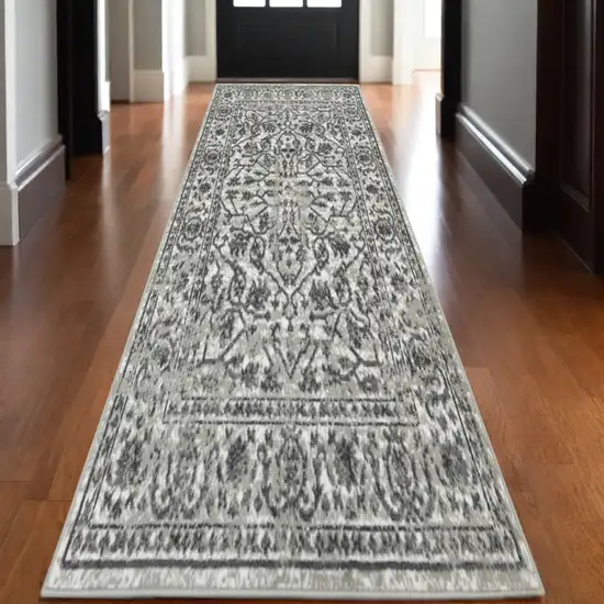 10' Gray and Dark Gray Floral Power Loom Runner Rug Photo 1