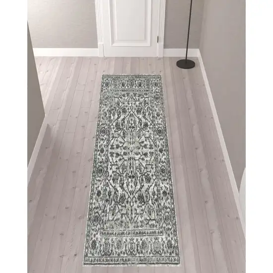 10' Gray Floral Power Loom Runner Rug Photo 2