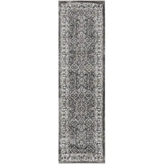 8' Gray Floral Power Loom Runner Rug Photo 2