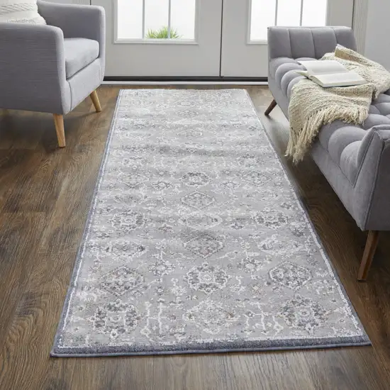 8' Gray Floral Power Loom Stain Resistant Runner Rug Photo 4