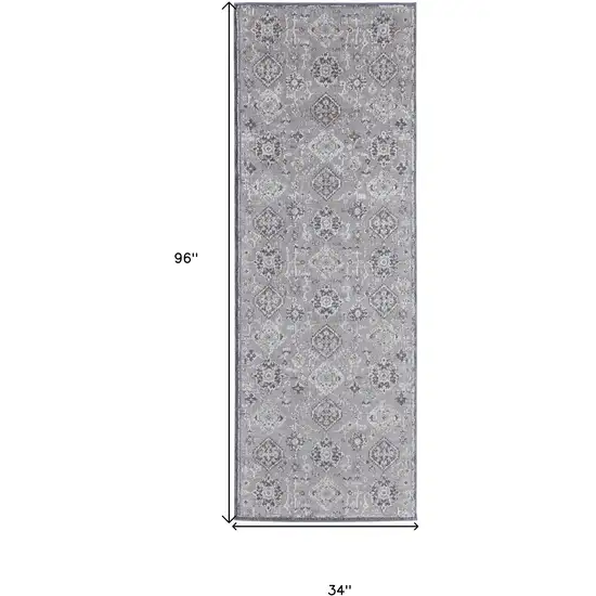 8' Gray Floral Power Loom Stain Resistant Runner Rug Photo 7