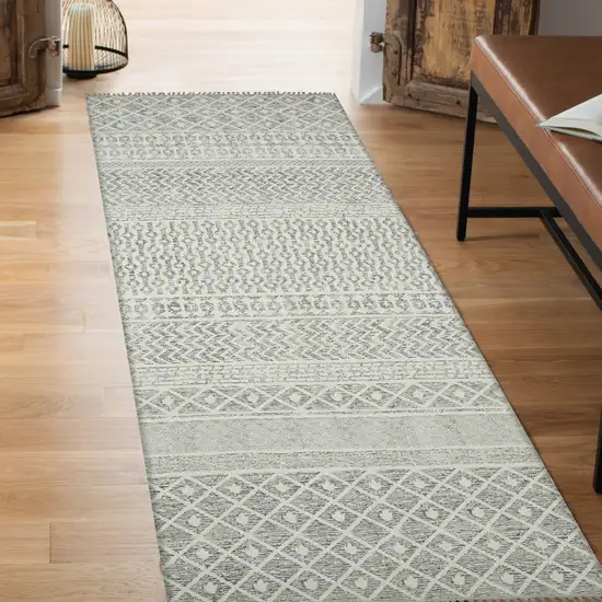 8' Gray Geometric Flatweave Handmade Distressed Runner Rug With Fringe Photo 4