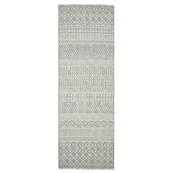 8' Gray Geometric Flatweave Handmade Distressed Runner Rug With Fringe Photo 1