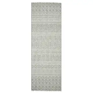 Photo of 8' Gray Geometric Flatweave Handmade Distressed Runner Rug With Fringe