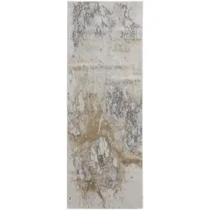 Photo of 8' Gray Gold And Ivory Abstract Power Loom Runner Rug