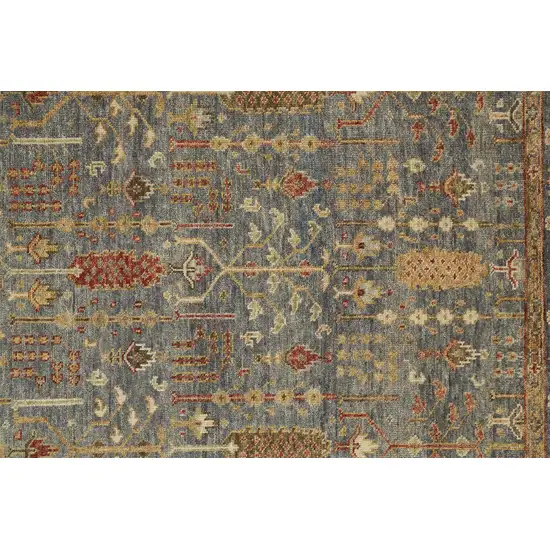 8' Gray Gold And Red Wool Floral Hand Knotted Stain Resistant Runner Rug With Fringe Photo 3