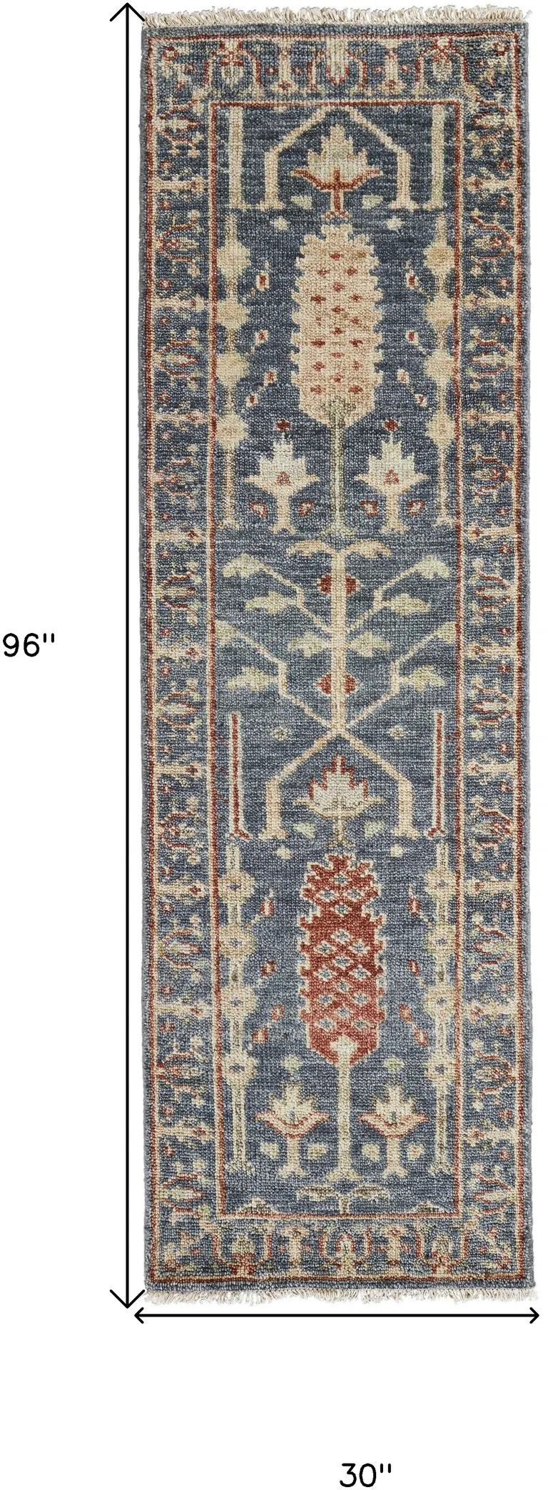 8' Gray Gold And Red Wool Floral Hand Knotted Stain Resistant Runner Rug With Fringe Photo 5