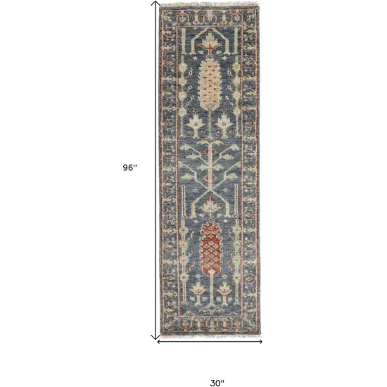 8' Gray Gold And Red Wool Floral Hand Knotted Stain Resistant Runner Rug With Fringe Photo 5